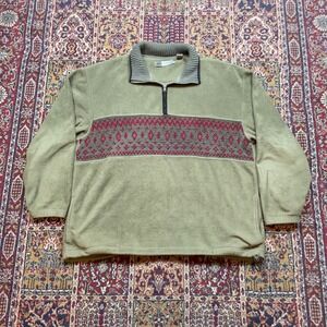 VTG 90s AZ Green Fleece Quarter Zip Pullover Striped Fair Isle knit XXL synch